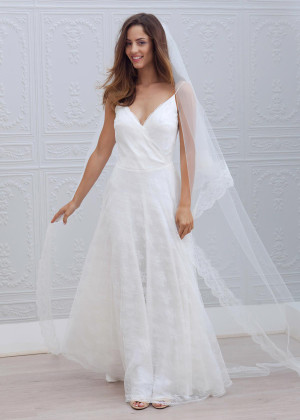 Ivory Delicate Lace Over Spaghetti Straps V Back Wedding Dress 